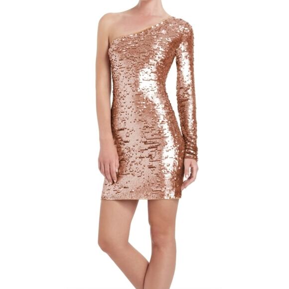BCBGMAXAZRIA NEW Lyn Copper Combo One Shoulder Sequined Mini Dress Size S - Picture 1 of 10